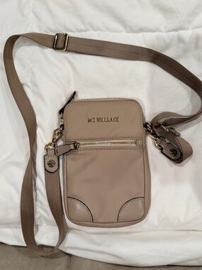 MZ Wallace metallic taupe crossbody pouch with red interior